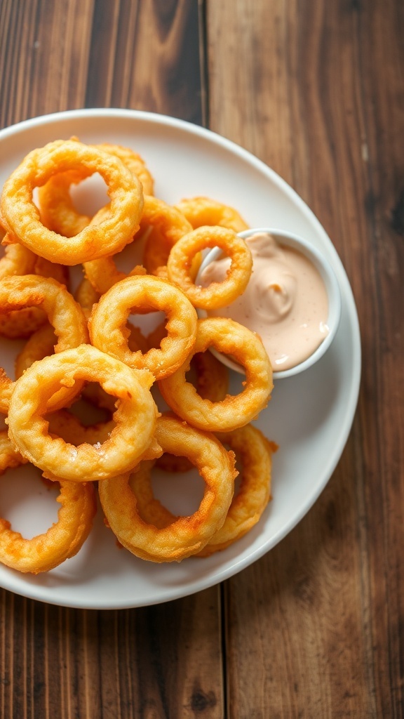 Simple 2-Ingredient Onion Rings Recipe Crispy golden onion rings on a plate with dipping sauce on a wooden table.